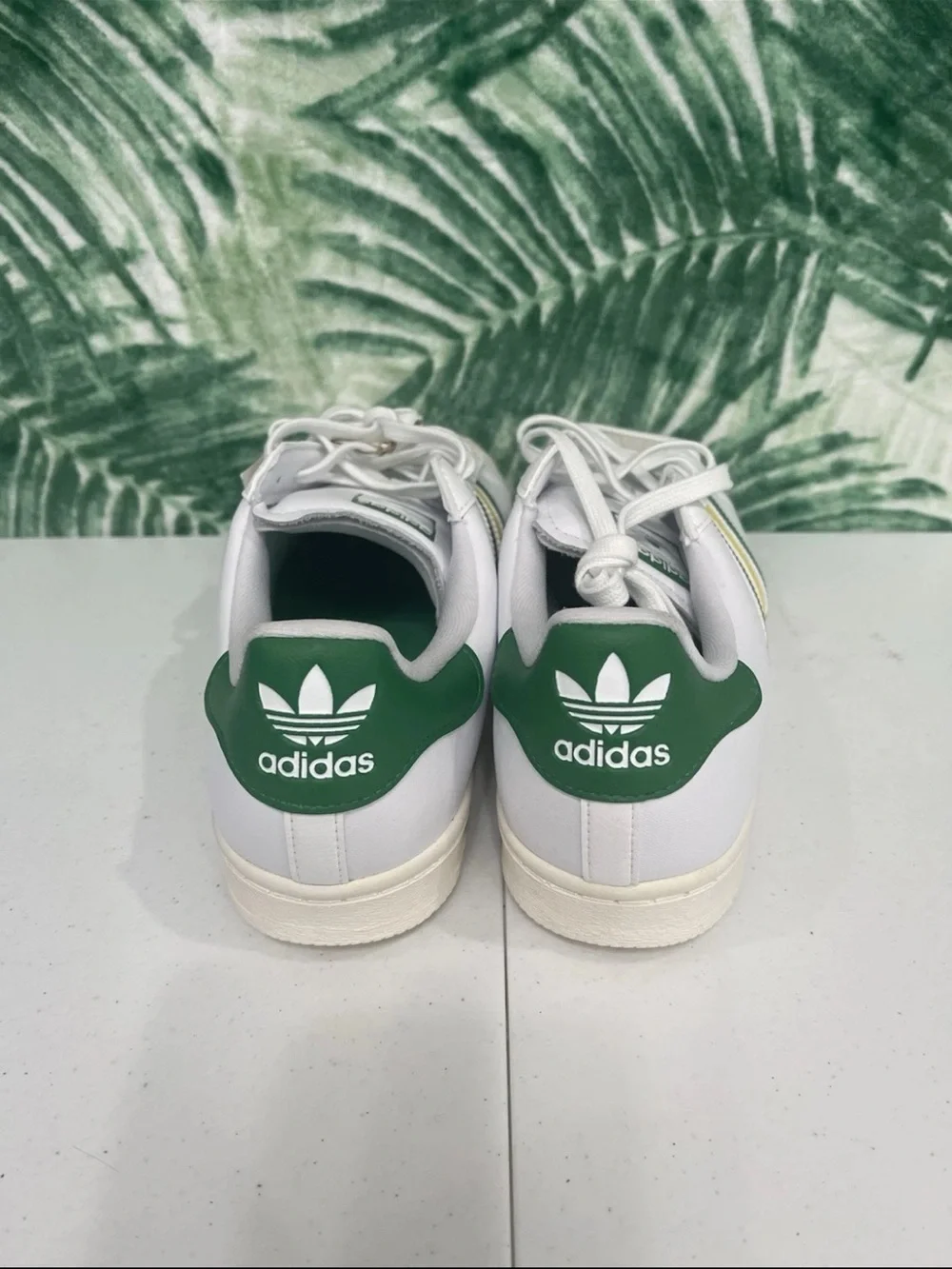 adidas superstar golf shoes White Sneakers with Green & Yellow Stripes